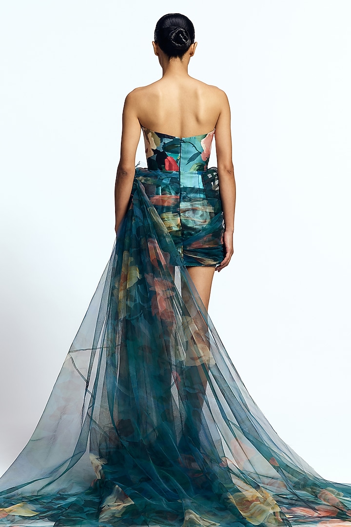 Blue Mikado & Tulle Draped Mini Party Wear Dress by Gauri And Nainika at Pernia's Pop Up Shop