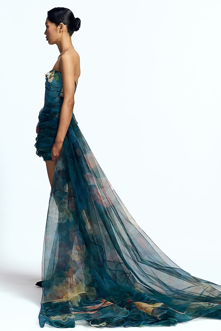Blue Mikado & Tulle Draped Mini Party Wear Dress by Gauri And Nainika at Pernia's Pop Up Shop