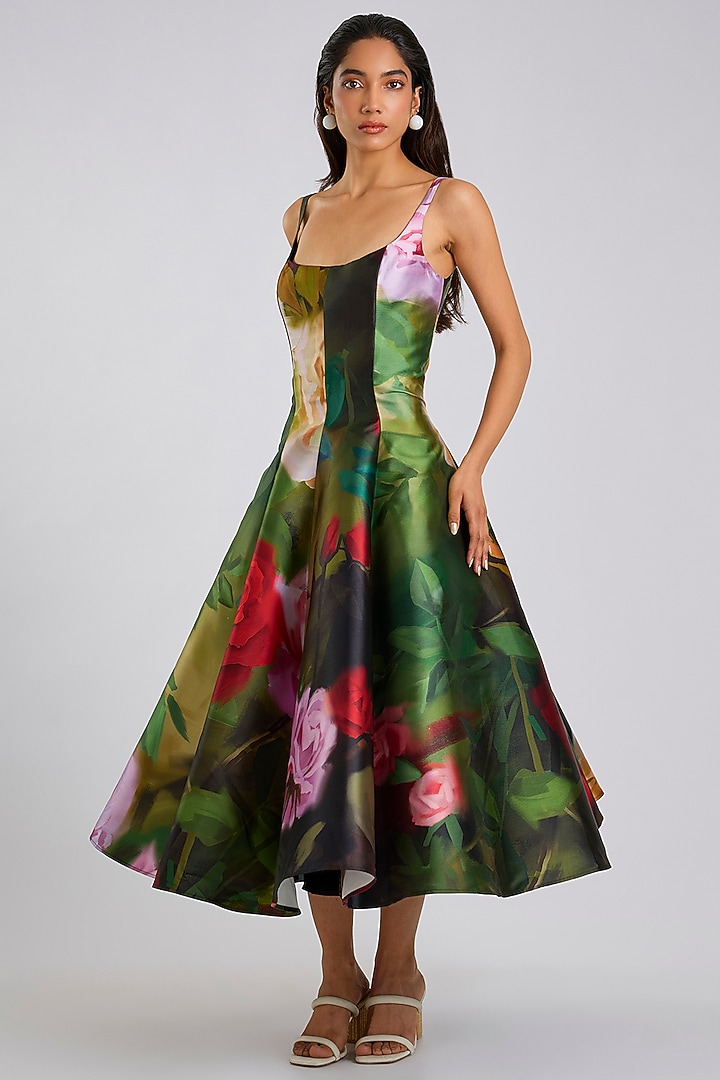 Multi-Colored Mikado Floral Printed Flared Midi Party Wear Dress by Gauri And Nainika at Pernia's Pop Up Shop