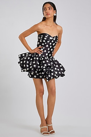 Black Mikado Polka Dot Mini Dress by Gauri And Nainika