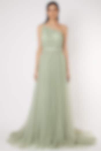 Mint Green Gown With Braided Strings by Gauri And Nainika