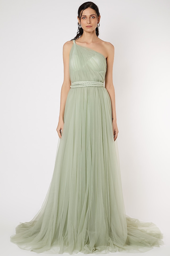 Mint Green Gown With Braided Strings by Gauri And Nainika