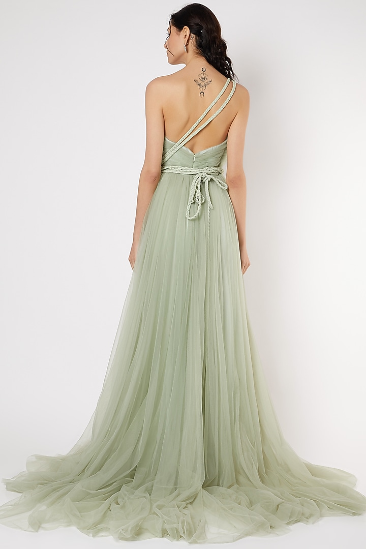 Mint Green Gown With Braided Strings by Gauri And Nainika at Pernia's Pop Up Shop