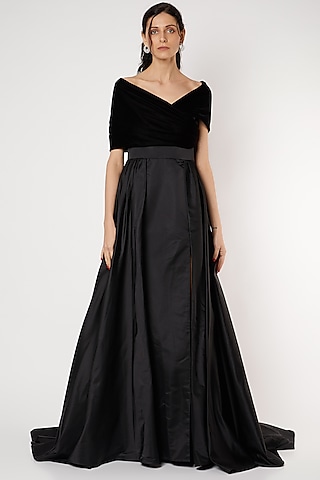 Black Duchess Satin Gown by Gauri And Nainika