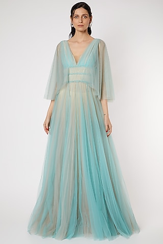 Turquoise Dual Tone Sheer Gown by Gauri And Nainika