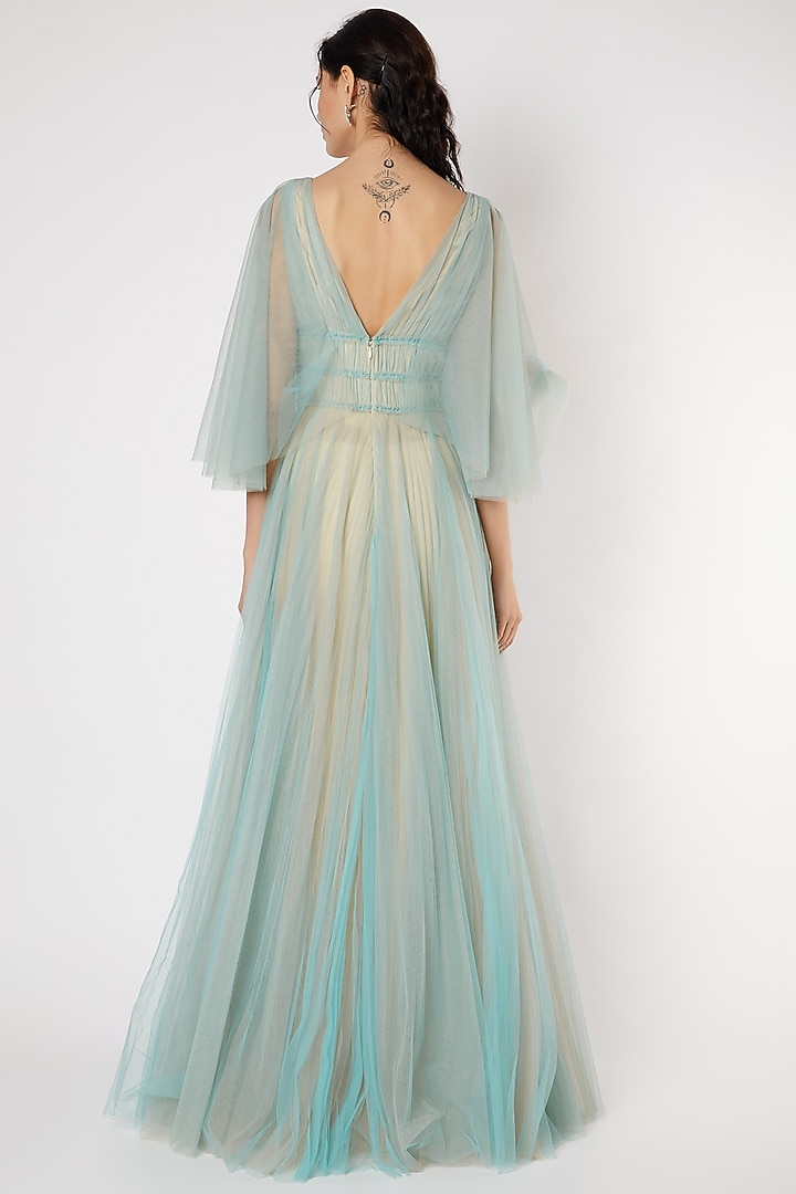 Turquoise Dual Tone Sheer Gown by Gauri And Nainika at Pernia's Pop Up Shop