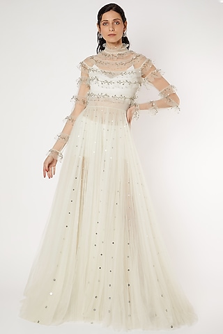 White Embroidered Gown by Gauri And Nainika