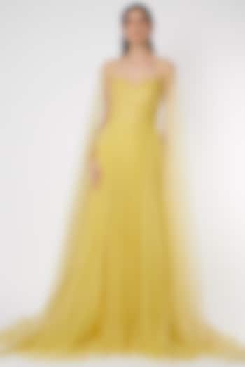 Yellow Flared Net Gown by Gauri And Nainika at Pernia's Pop Up Shop