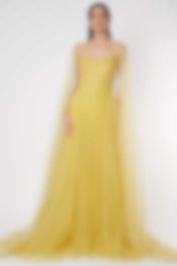 Yellow Flared Net Gown by Gauri And Nainika