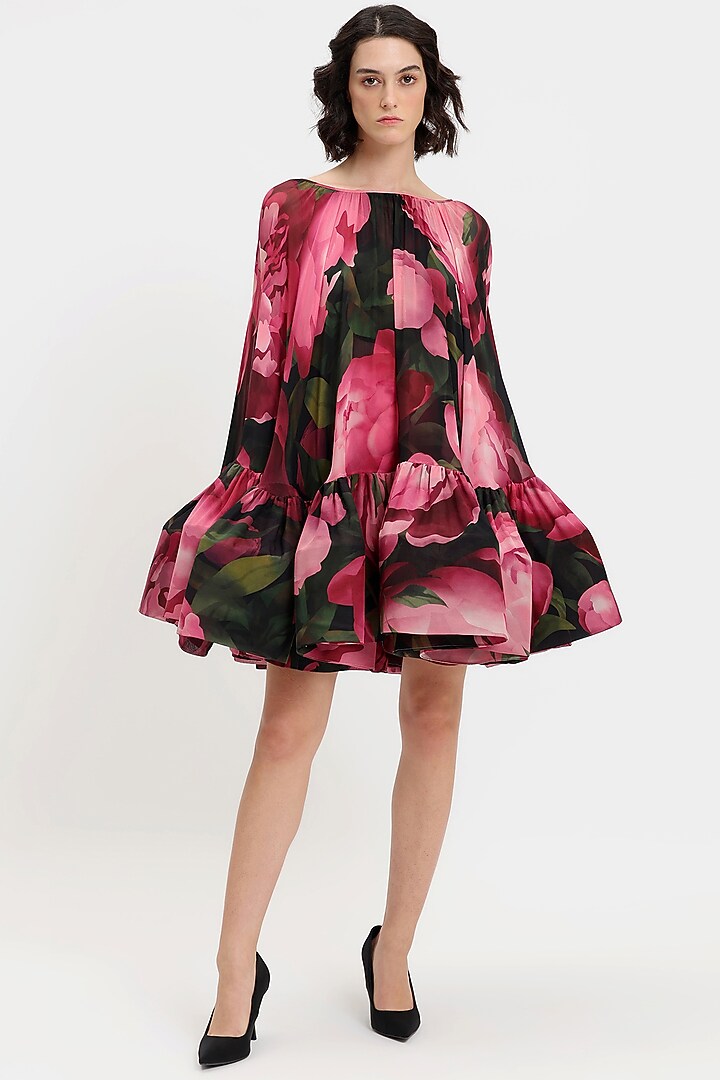 Black & Pink Pure Chiffon Printed Party Wear Dress by Gauri And Nainika at Pernia's Pop Up Shop