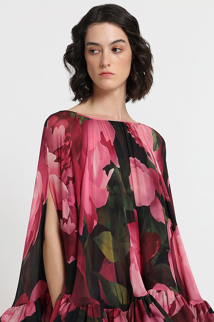 Black & Pink Pure Chiffon Printed Party Wear Dress by Gauri And Nainika at Pernia's Pop Up Shop