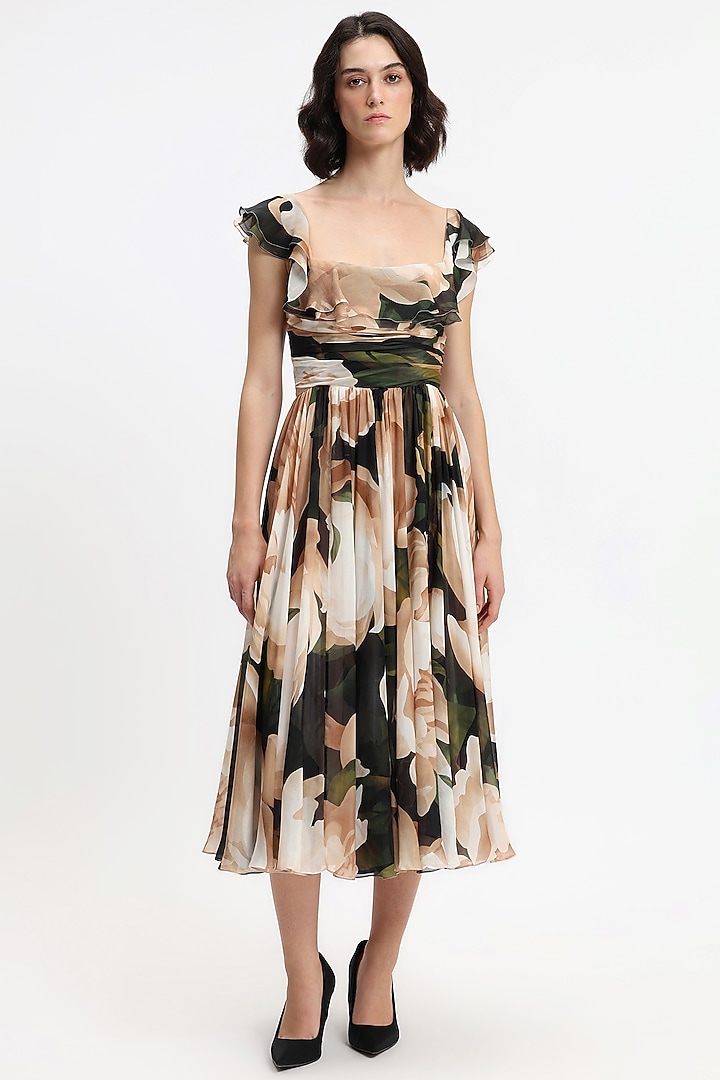 Black & White Pure Chiffon Printed Midi Party Wear Dress by Gauri And Nainika at Pernia's Pop Up Shop