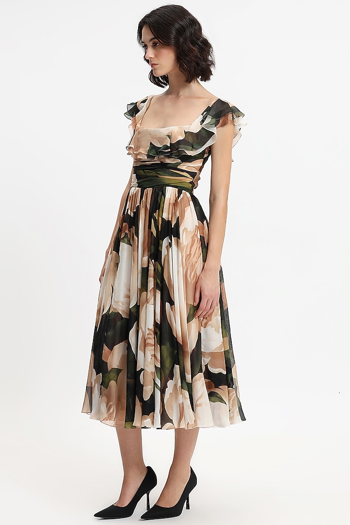 Black & White Pure Chiffon Printed Midi Party Wear Dress by Gauri And Nainika at Pernia's Pop Up Shop