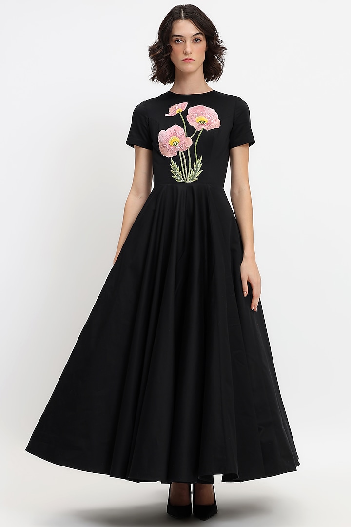 Black Cotton Botanical Embroidered Maxi Party Wear Dress by Gauri And Nainika at Pernia's Pop Up Shop