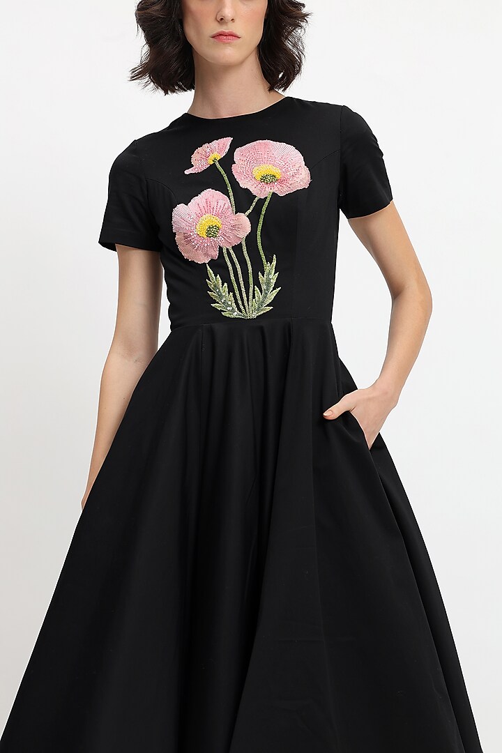 Black Cotton Botanical Embroidered Maxi Party Wear Dress by Gauri And Nainika at Pernia's Pop Up Shop