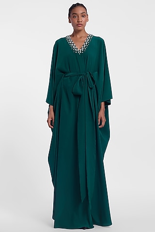 Bottle Green Crepe Kaftan Gown by Gauri And Nainika