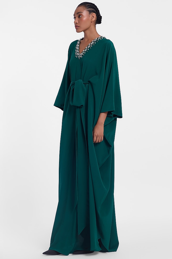 Bottle Green Crepe Kaftan Wedding Gown by Gauri And Nainika at Pernia's Pop Up Shop