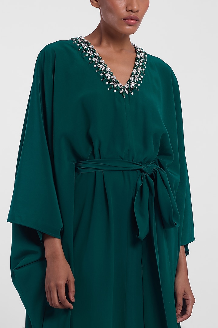 Bottle Green Crepe Kaftan Wedding Gown by Gauri And Nainika at Pernia's Pop Up Shop