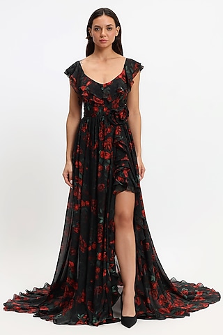 Black & Red Pure Chiffon Printed Ruffled Gown by Gauri And Nainika
