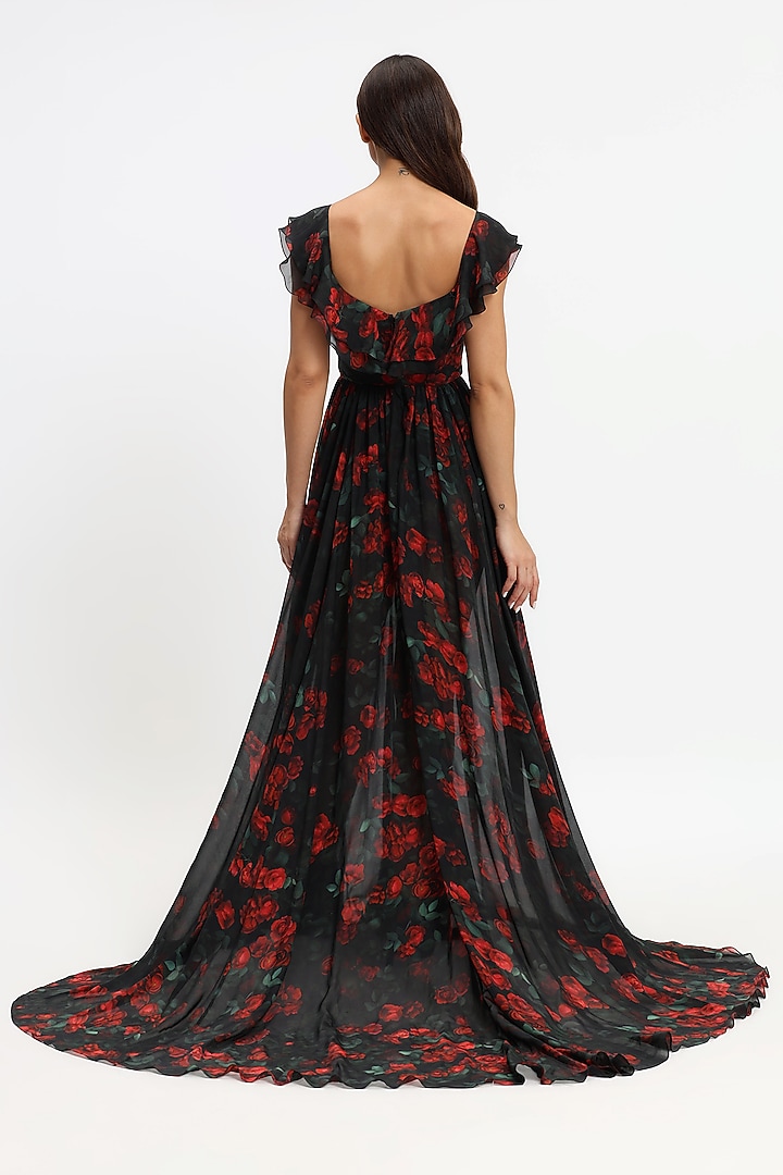 Black & Red Pure Chiffon Printed Ruffled Bridal Gown by Gauri And Nainika at Pernia's Pop Up Shop