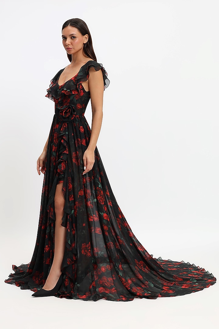 Black & Red Pure Chiffon Printed Ruffled Bridal Gown by Gauri And Nainika at Pernia's Pop Up Shop