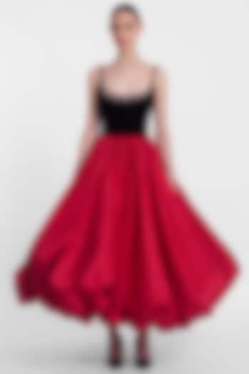 Raspberry Red & Black Velvet Embroidered Party Wear Dress by Gauri And Nainika at Pernia's Pop Up Shop