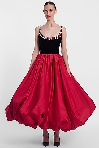 Raspberry Red & Black Velvet Embroidered Dress by Gauri And Nainika