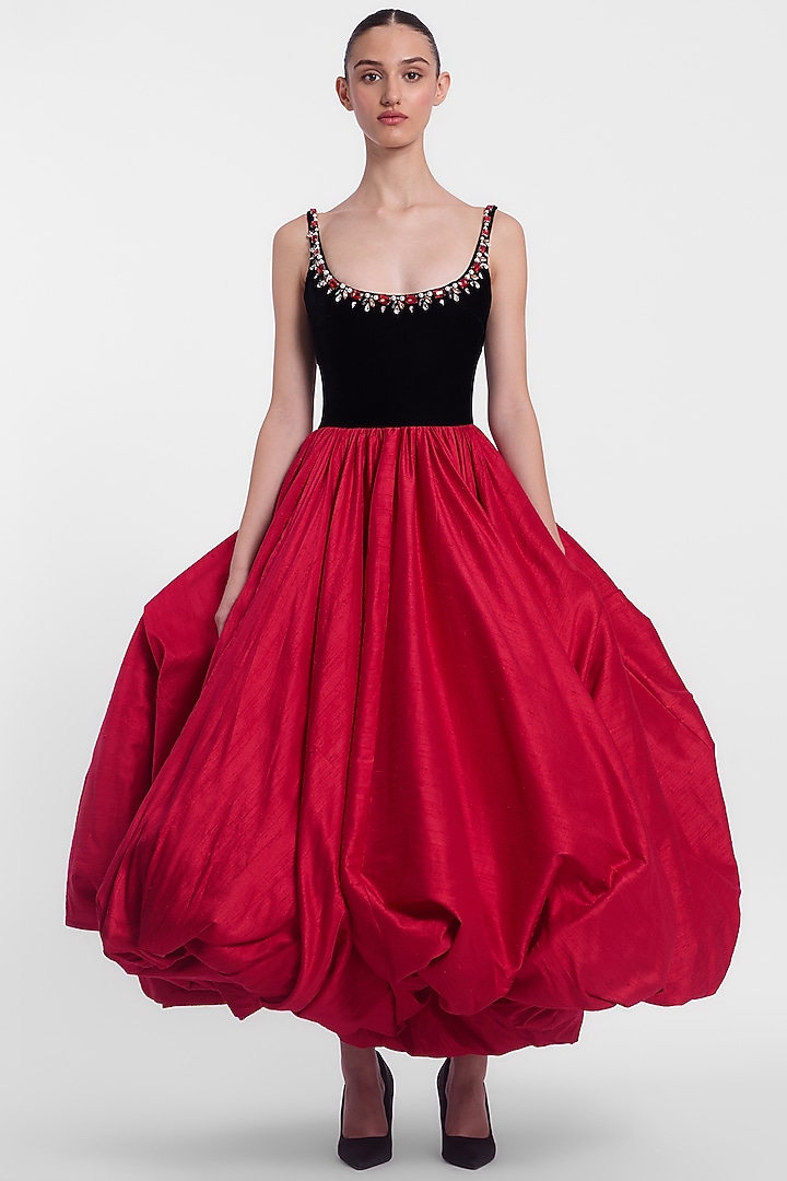 Raspberry Red & Black Velvet Embroidered Party Wear Dress by Gauri And Nainika at Pernia's Pop Up Shop