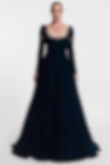Emerald Green Velvet Embellished Gown by Gauri And Nainika at Pernia's Pop Up Shop