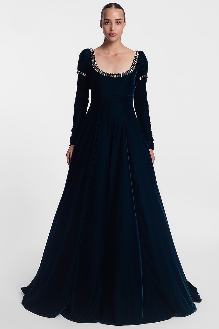 Emerald Green Velvet Embellished Gown by Gauri And Nainika at Pernia's Pop Up Shop