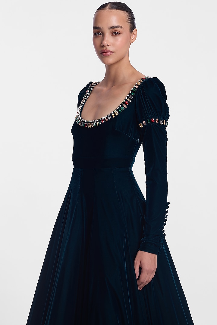 Emerald Green Velvet Embellished Bridal Gown by Gauri And Nainika at Pernia's Pop Up Shop