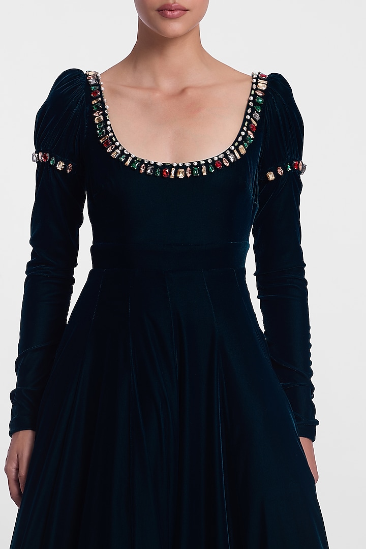 Emerald Green Velvet Embellished Bridal Gown by Gauri And Nainika at Pernia's Pop Up Shop