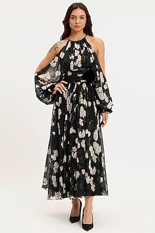 Black & White Pure Chiffon Printed Dress by Gauri And Nainika