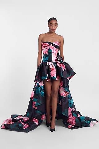 Black & Red Mikado Printed High-Low Gown by Gauri And Nainika