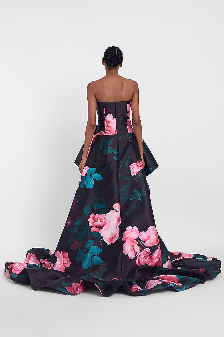 Black & Red Mikado Printed High-Low Wedding Gown by Gauri And Nainika at Pernia's Pop Up Shop