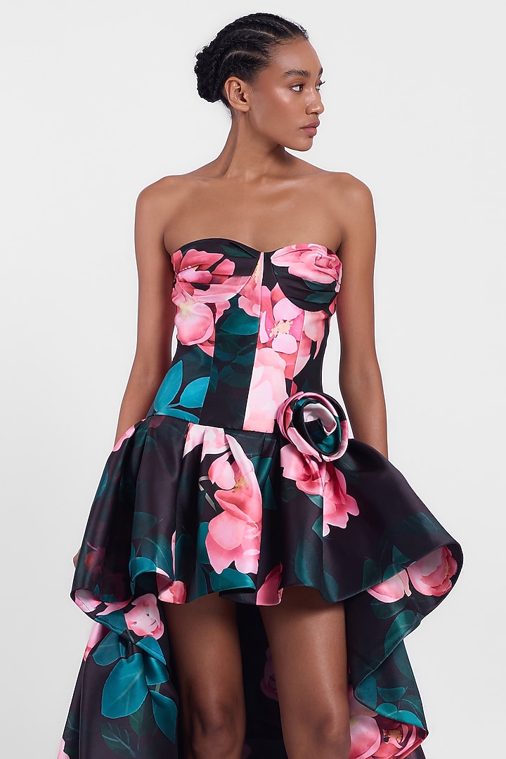 Black & Red Mikado Printed High-Low Wedding Gown by Gauri And Nainika at Pernia's Pop Up Shop