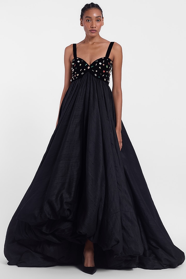 Black Velvet & Raw Silk Gown by Gauri And Nainika at Pernia's Pop Up Shop
