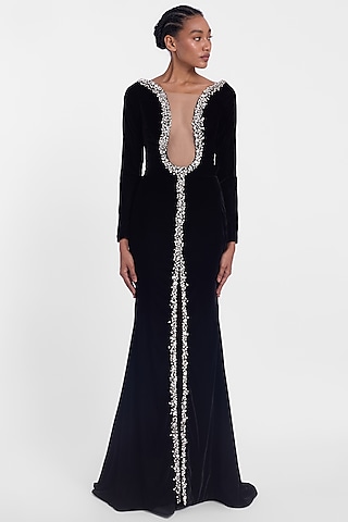 Black Velvet Crystal Embroidered Gown by Gauri And Nainika