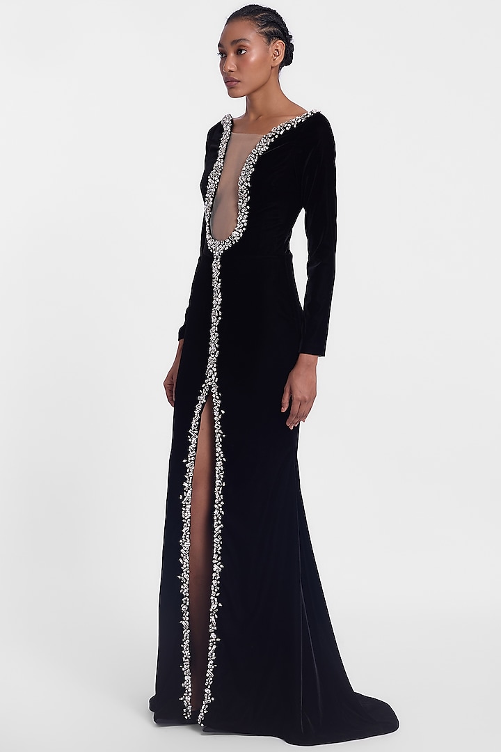 Black Velvet Crystal Embroidered Bridal Gown by Gauri And Nainika at Pernia's Pop Up Shop