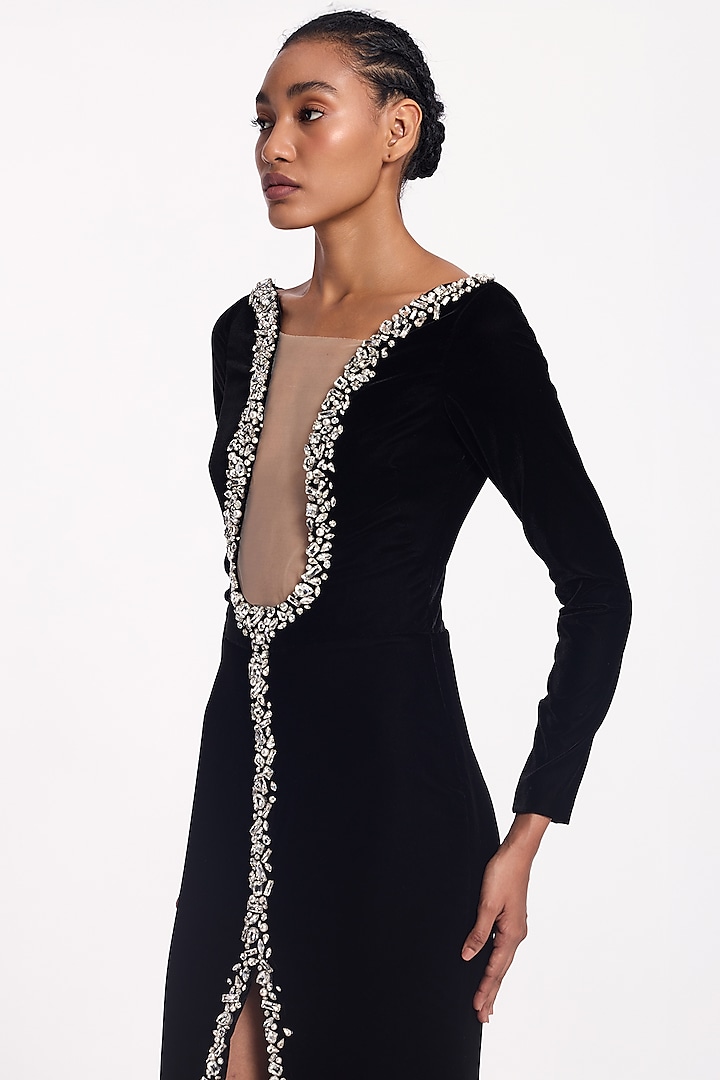 Black Velvet Crystal Embroidered Bridal Gown by Gauri And Nainika at Pernia's Pop Up Shop