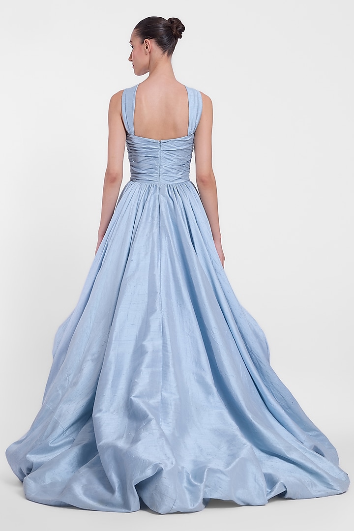 Pastel Blue Raw Silk High-Low Bridal Gown by Gauri And Nainika at Pernia's Pop Up Shop