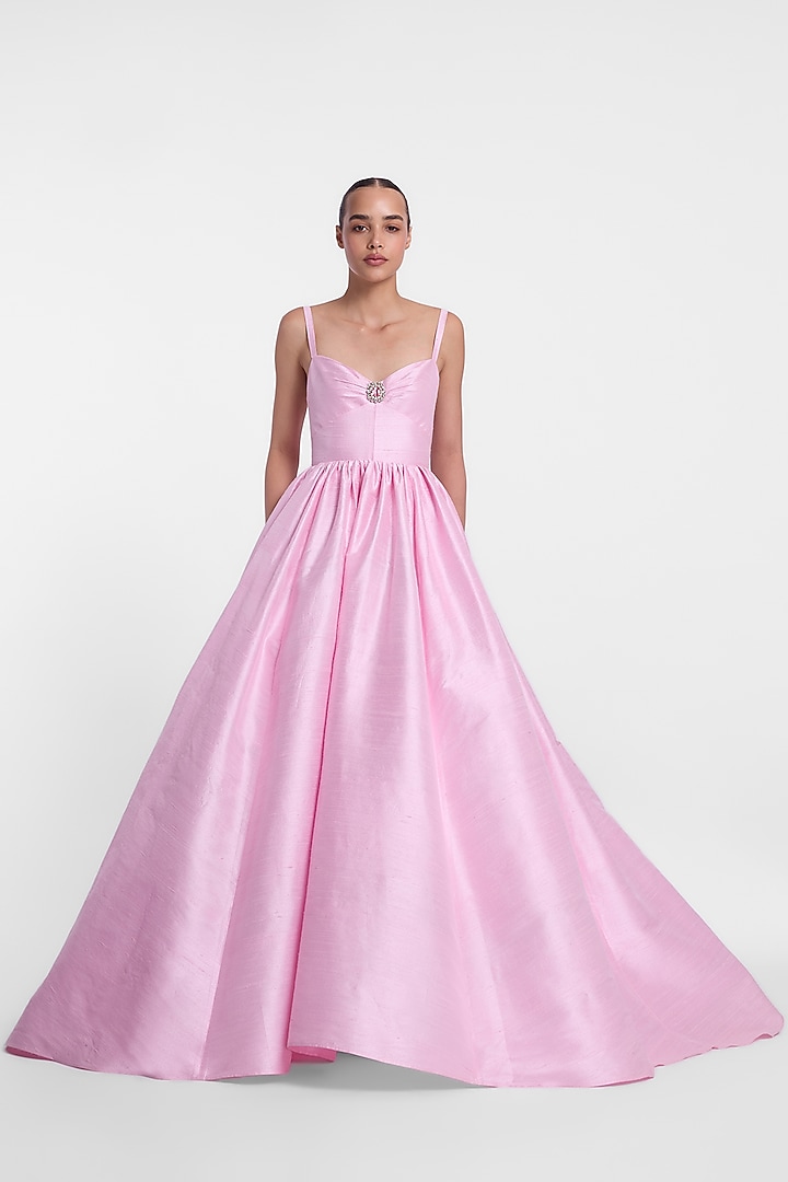 Pink Raw Silk Bridal Gown With Stole by Gauri And Nainika at Pernia's Pop Up Shop