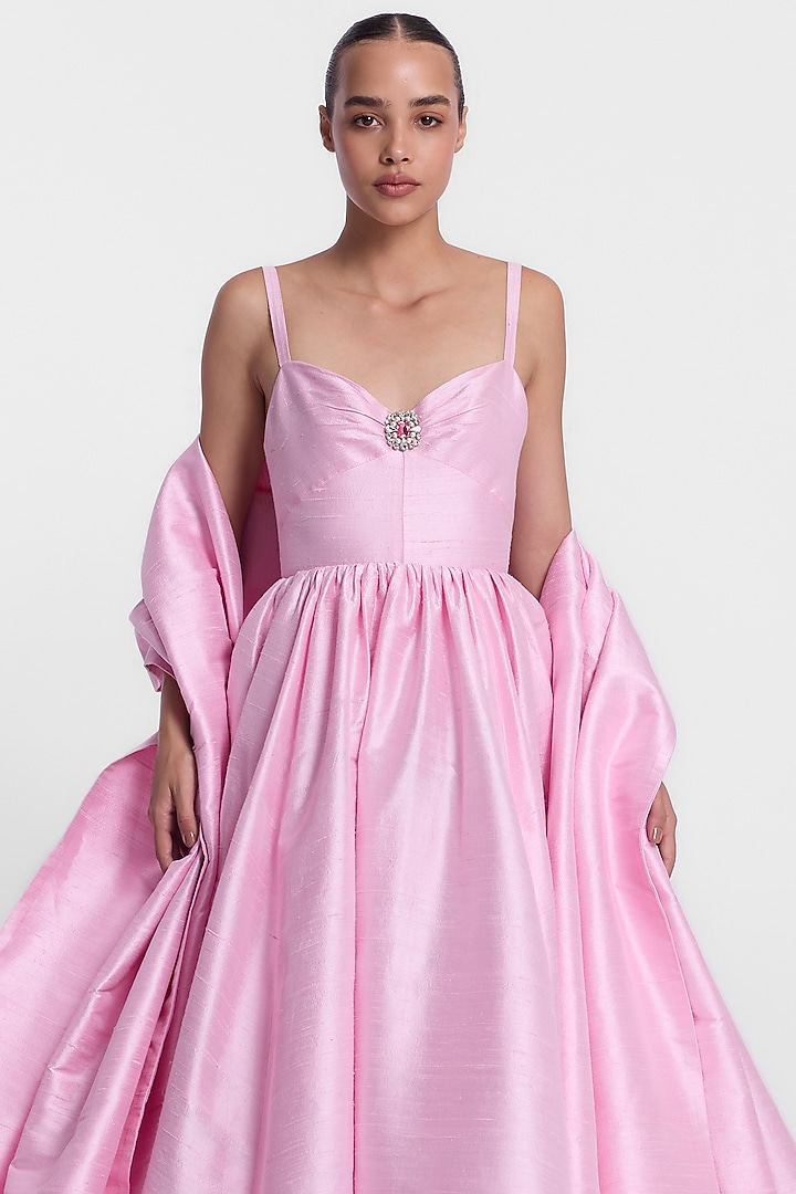 Pink Raw Silk Bridal Gown With Stole by Gauri And Nainika at Pernia's Pop Up Shop