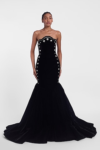Black Velvet Crystal Embroidered Mermaid Gown by Gauri And Nainika