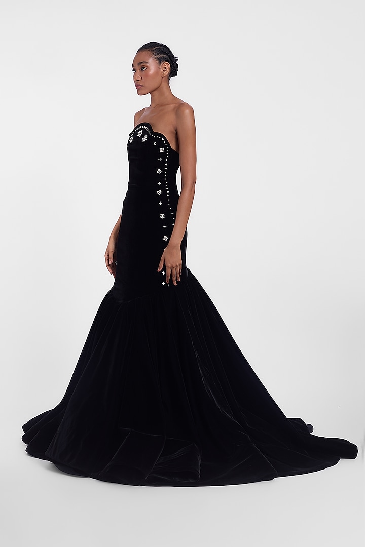 Black Velvet Crystal Embroidered Mermaid Bridal Gown by Gauri And Nainika at Pernia's Pop Up Shop