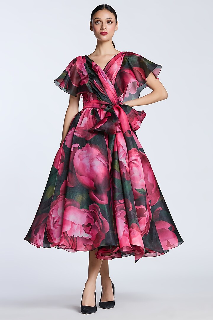 Black & Pink Organza Printed Wrap Party Wear Dress by Gauri and Nainika at Pernia's Pop Up Shop