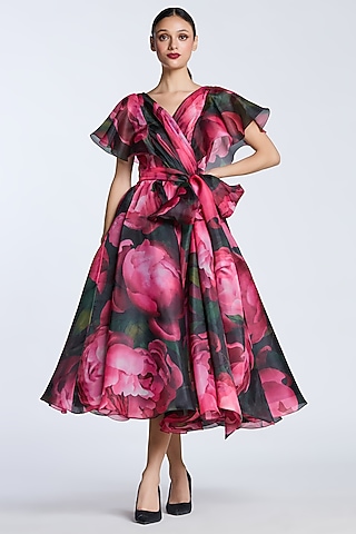 Black & Pink Organza Printed Wrap Dress by Gauri and Nainika