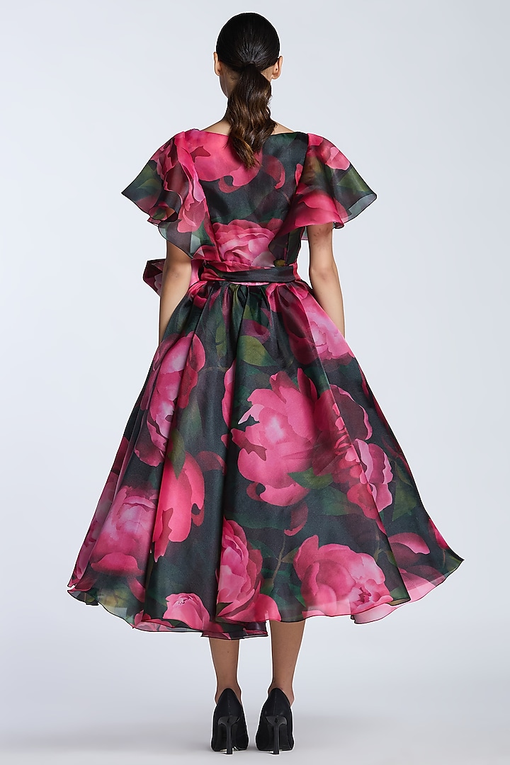 Black & Pink Organza Printed Wrap Party Wear Dress by Gauri and Nainika at Pernia's Pop Up Shop