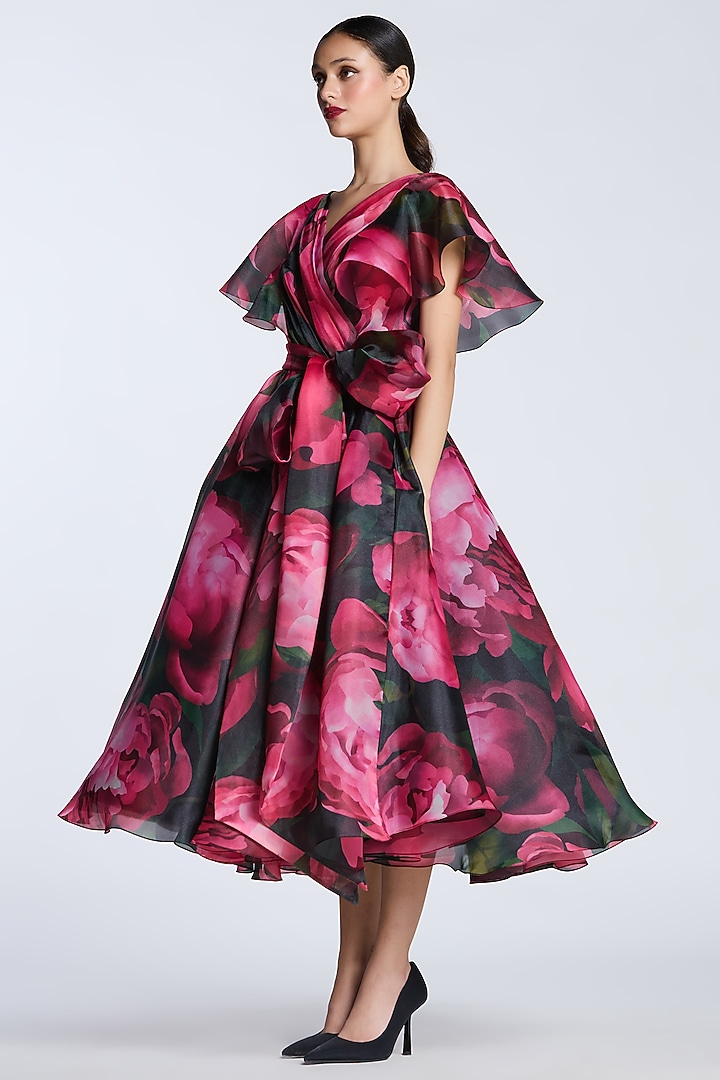 Black & Pink Organza Printed Wrap Party Wear Dress by Gauri and Nainika at Pernia's Pop Up Shop