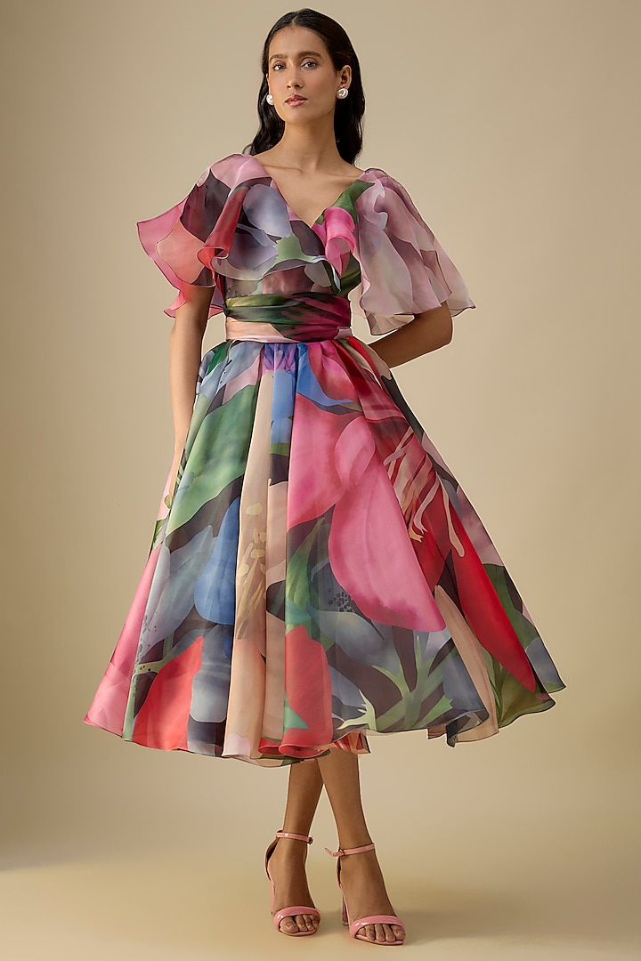 Multi-Colored Organza Midi Party Wear Dress by Gauri And Nainika at Pernia's Pop Up Shop